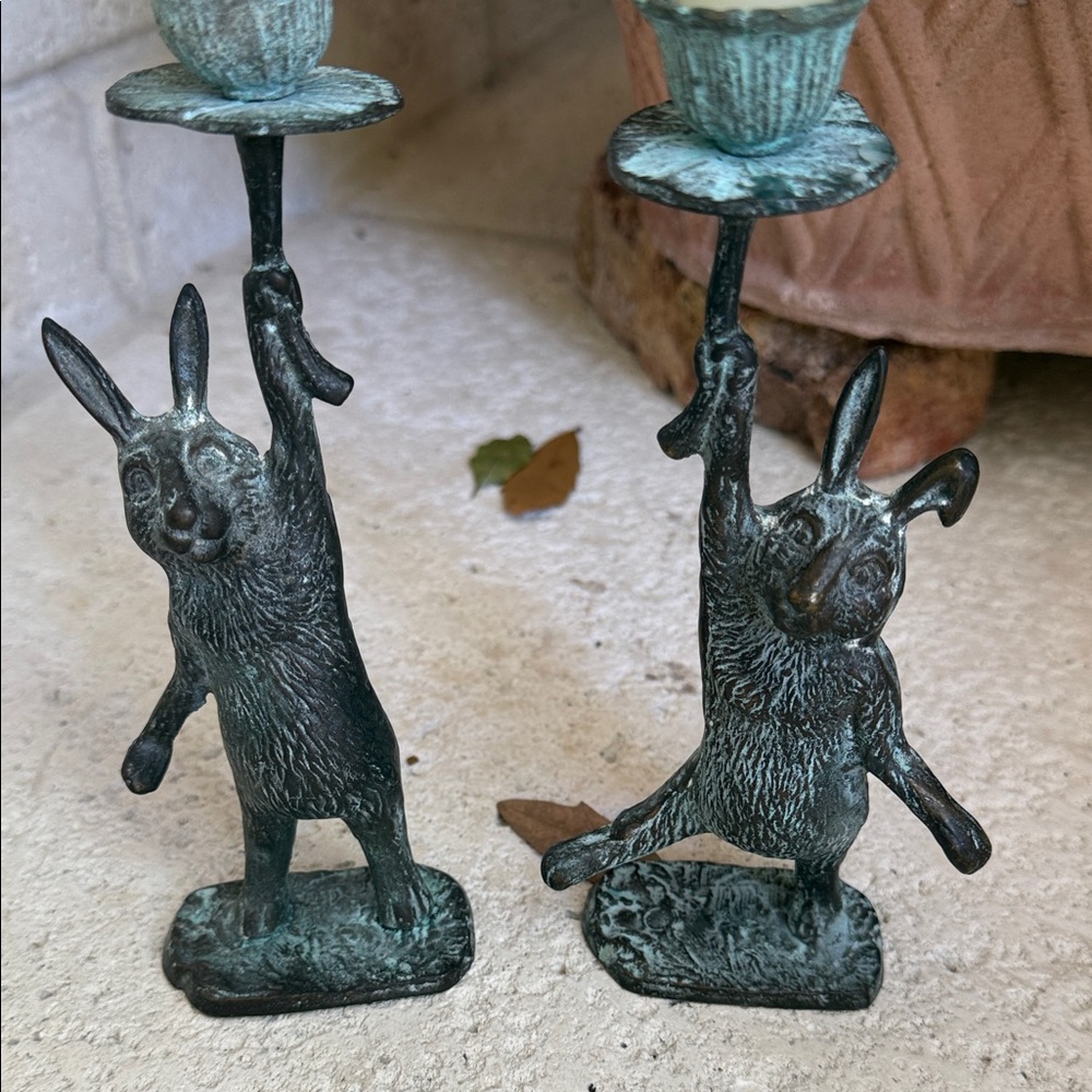 Verdigris Rabbit Candle Holders - Pair - Picture 3 of 10